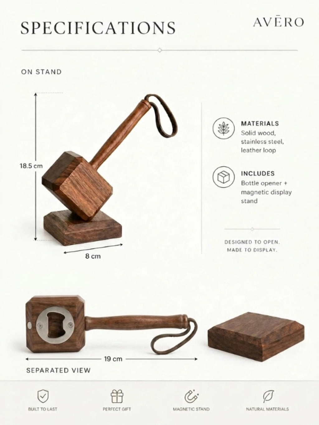 Magnetic wooden hammer bottle opener with display stand