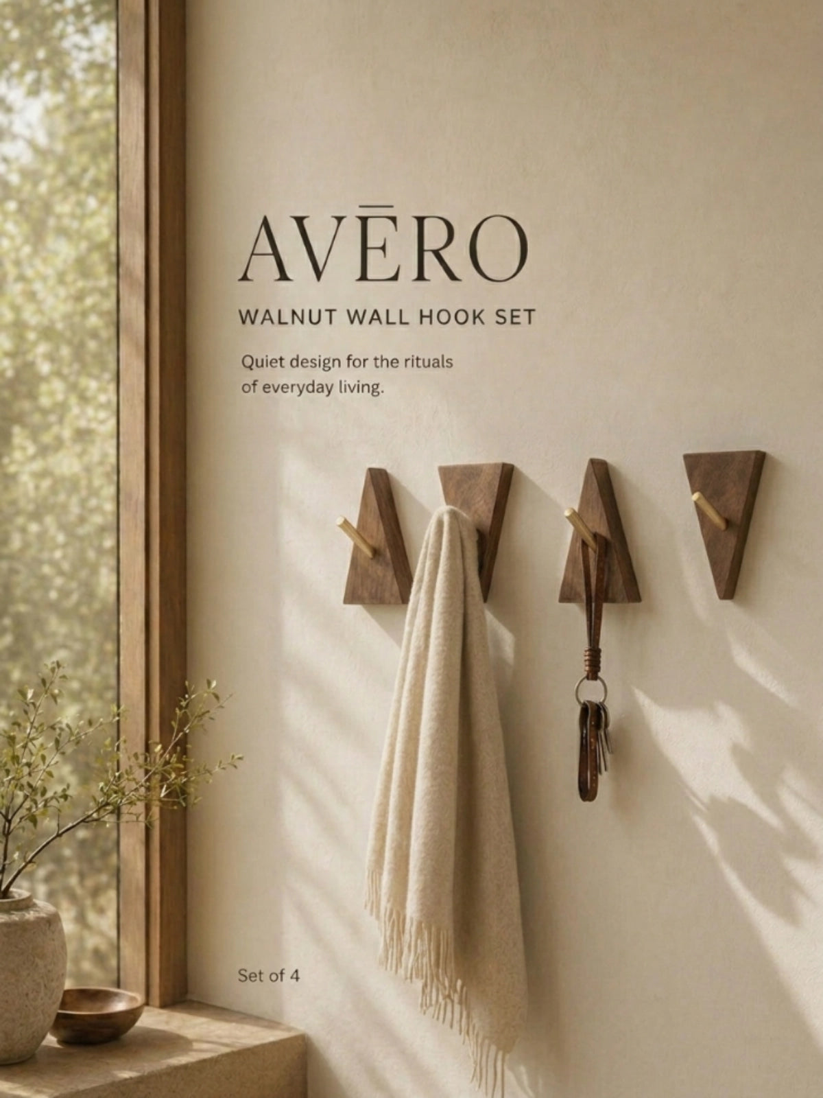 Geometric walnut and brass wall hooks four piece set