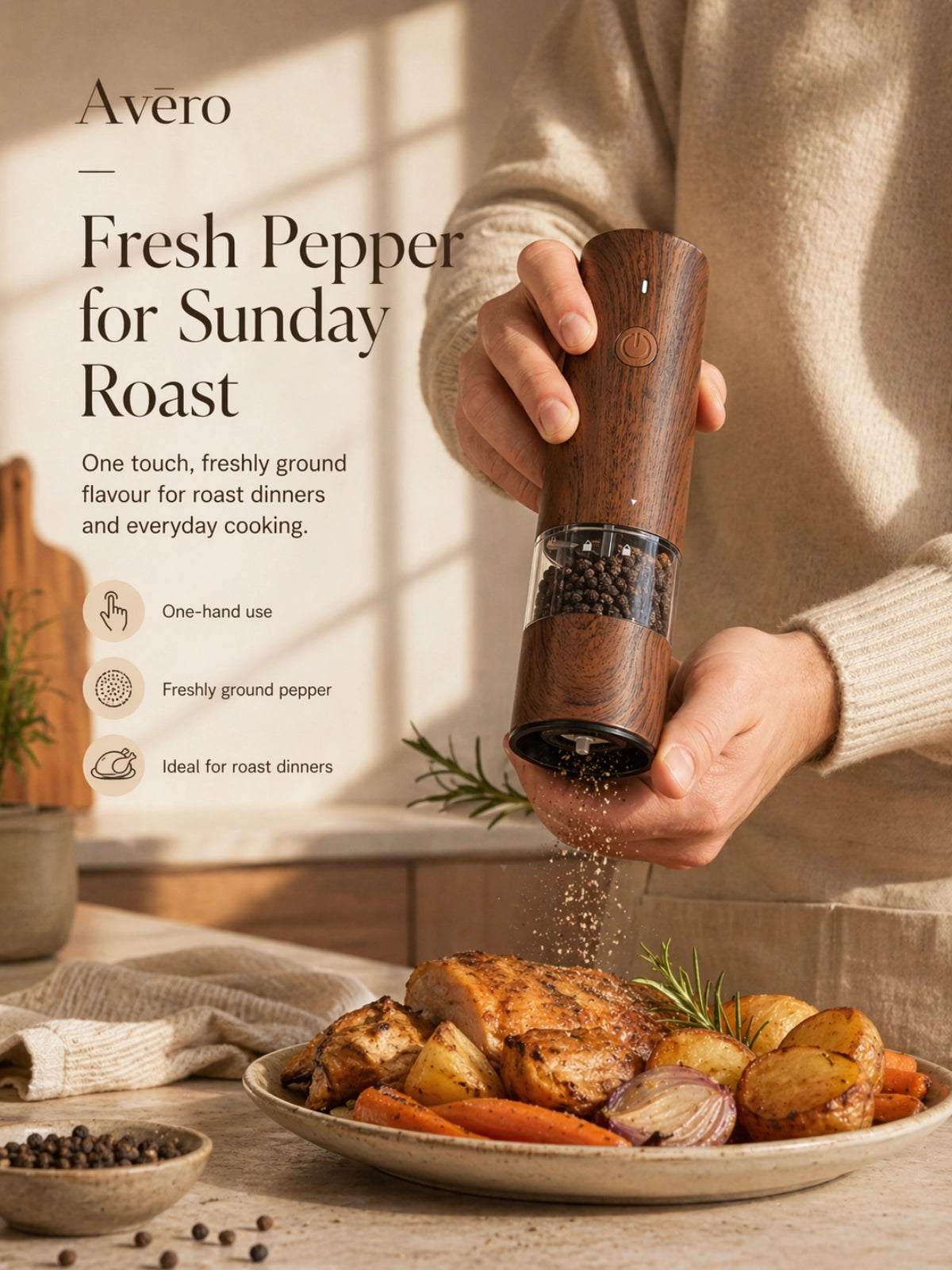 Rechargeable electric salt and pepper grinder with LED light