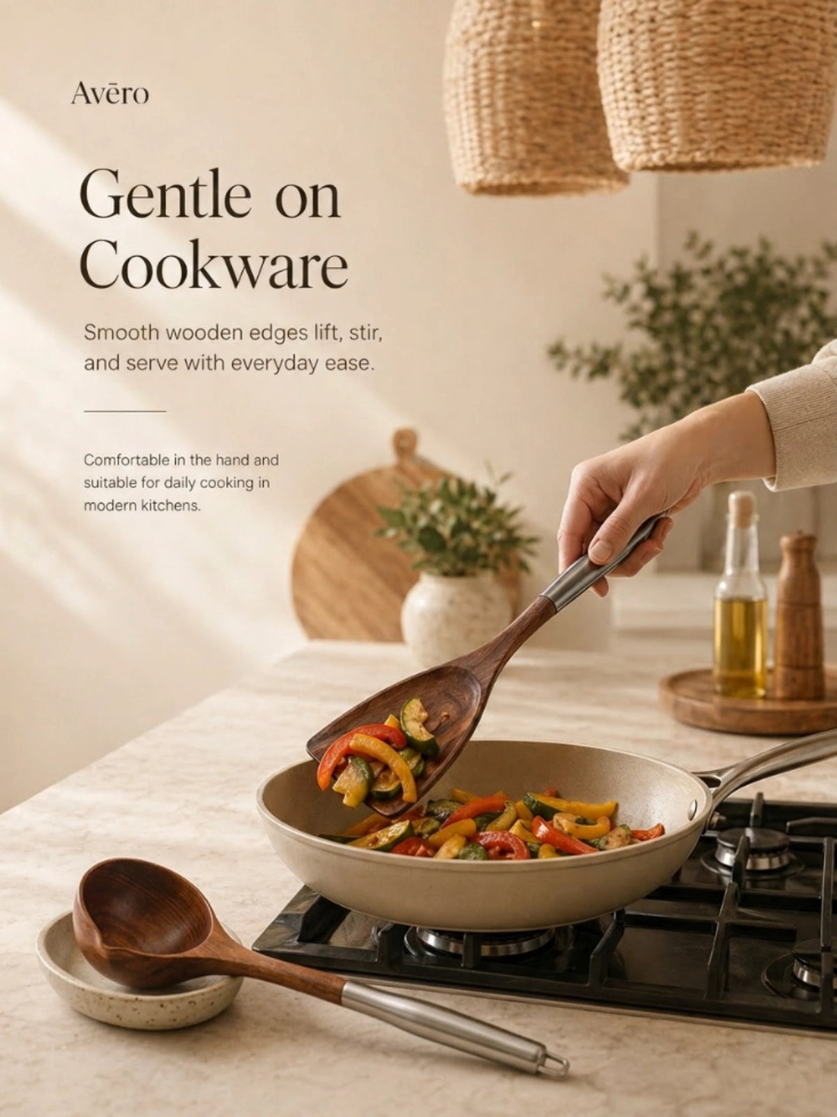 Walnut and stainless steel kitchen utensils set