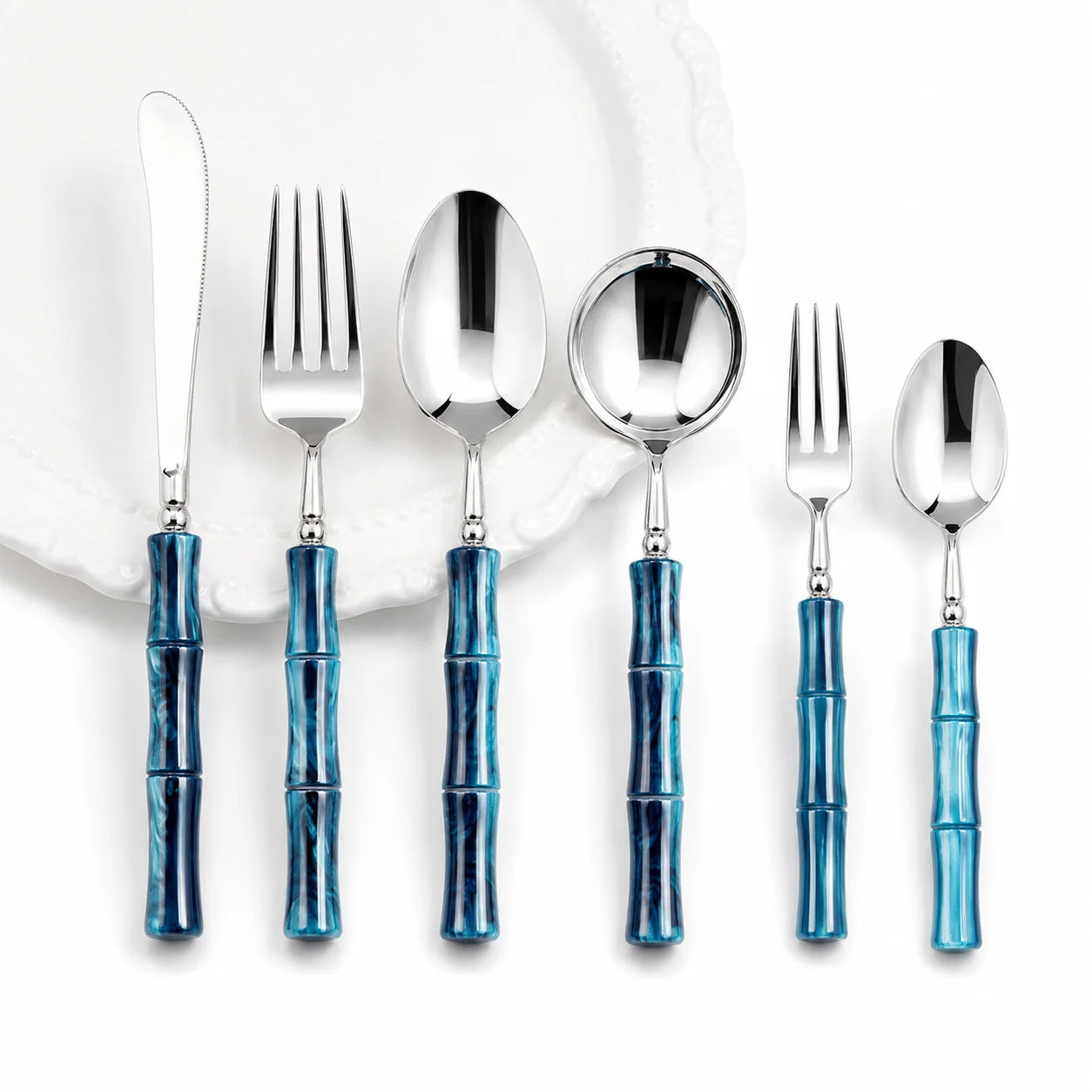 Peacock Blue Acrylic Bamboo-Shape Cutlery Set — 6 Piece