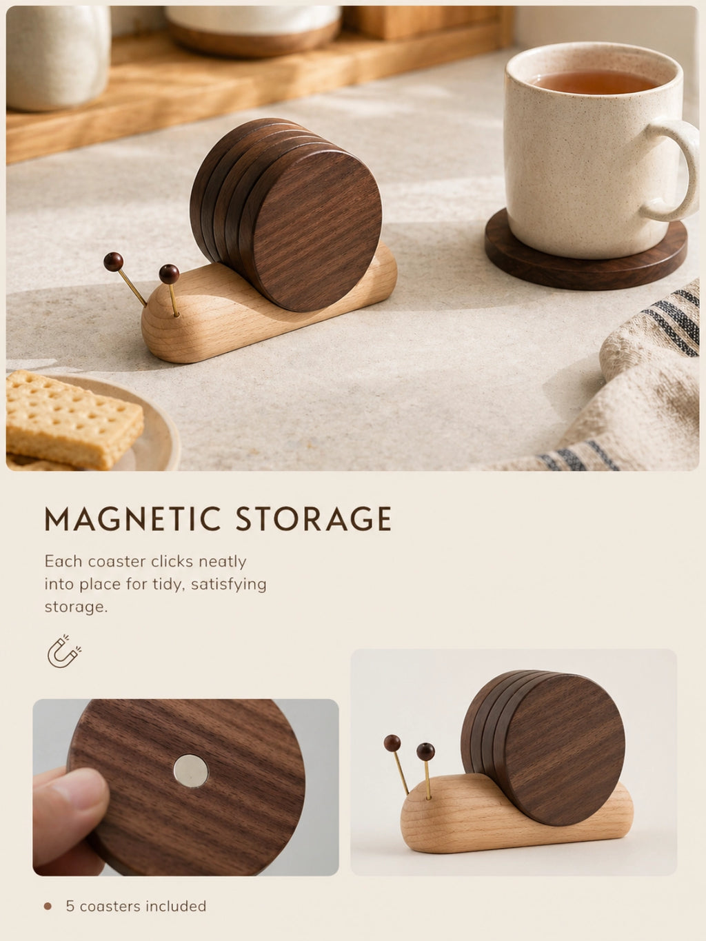 Magnetic walnut wood coaster set in snail holder