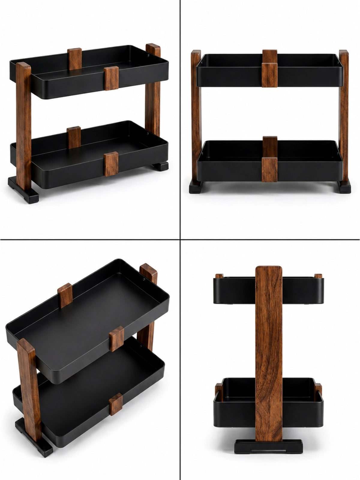 Two-tier walnut countertop organizer with black metal trays