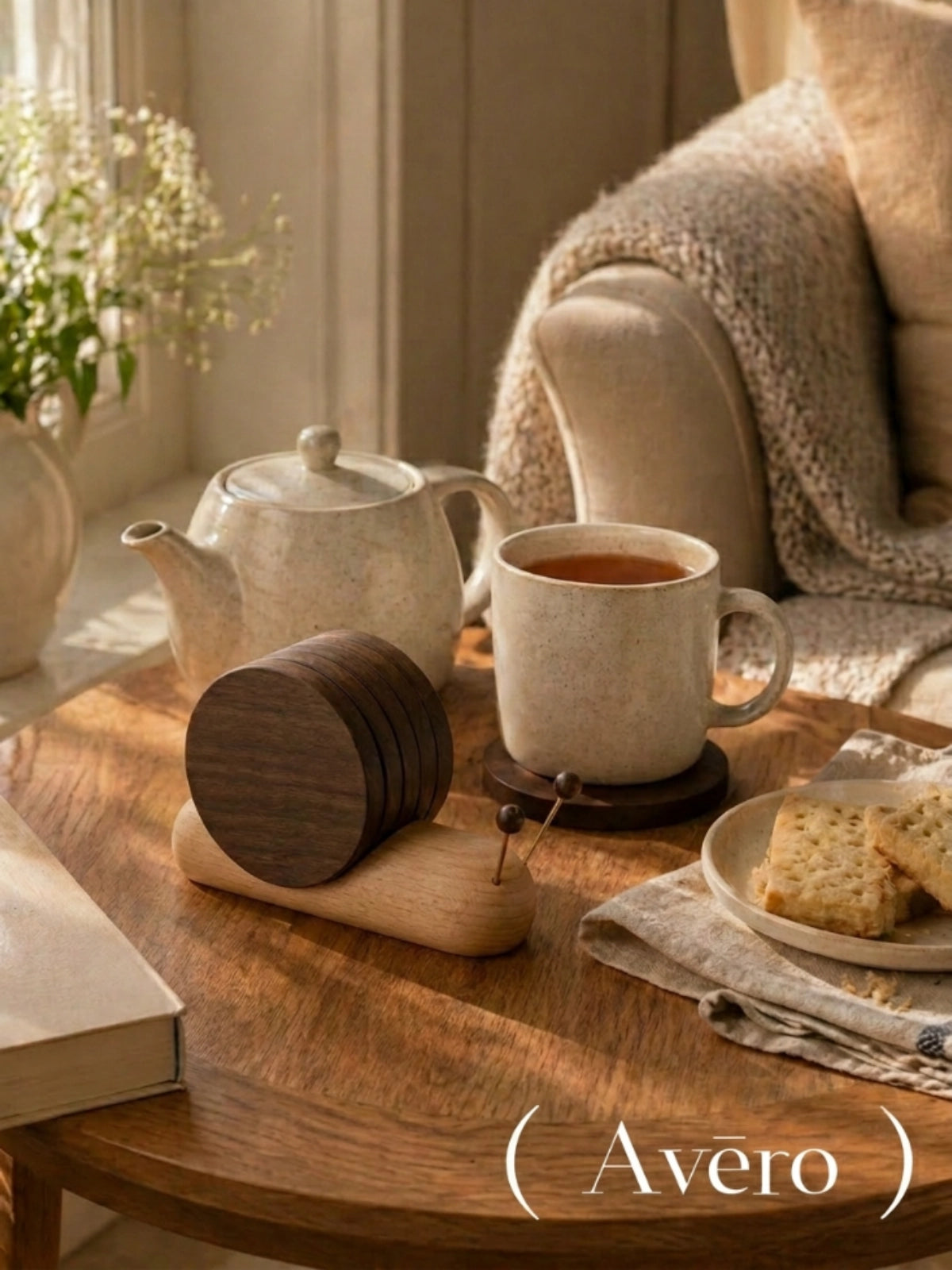 Magnetic walnut wood coaster set in snail holder