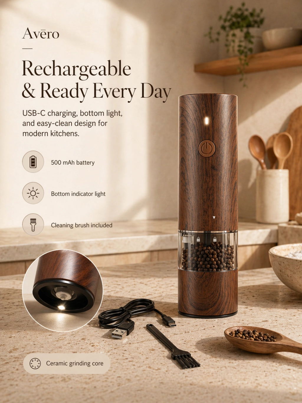 Rechargeable electric salt and pepper grinder with LED light