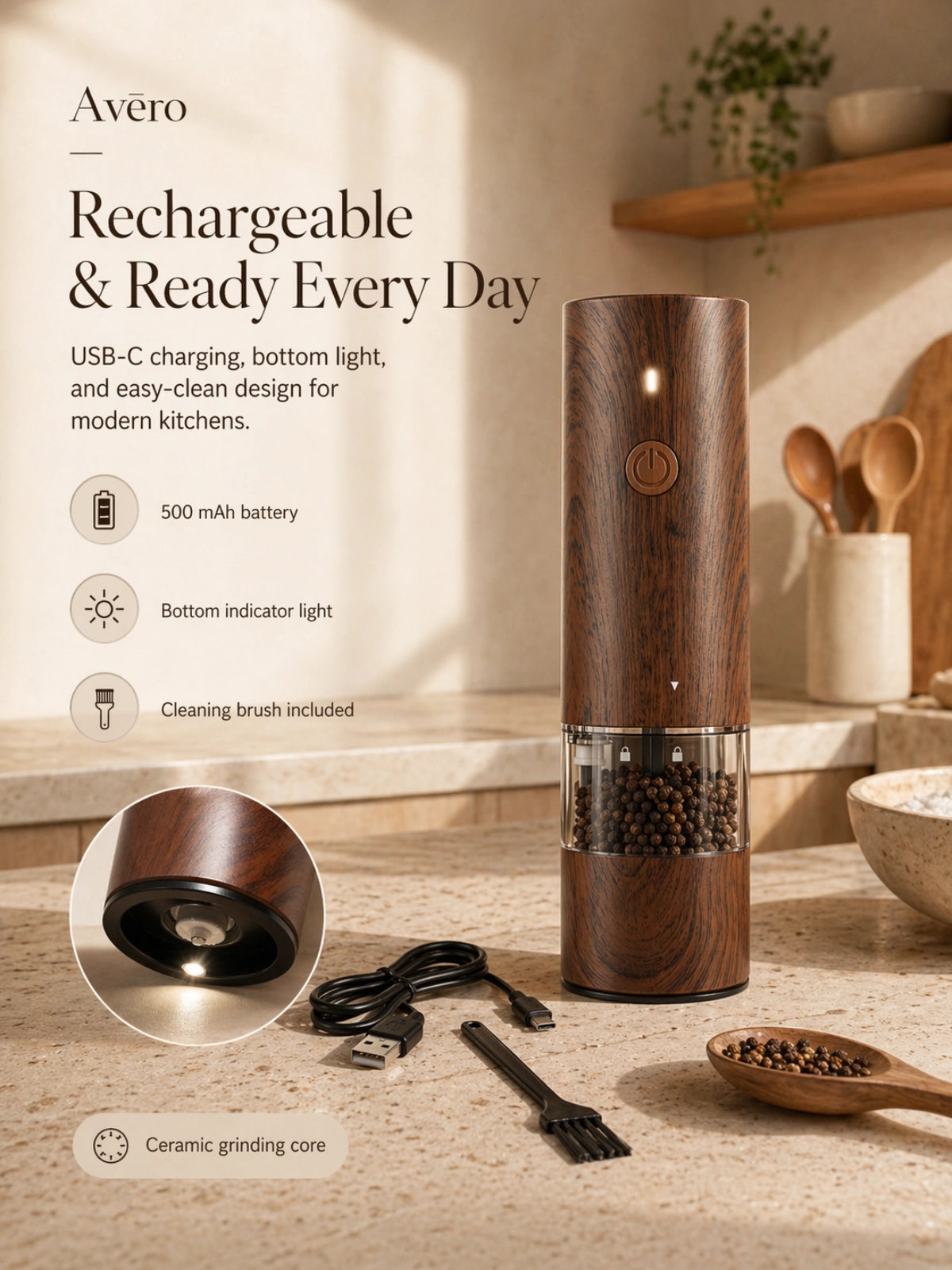 Rechargeable electric salt and pepper grinder with LED light