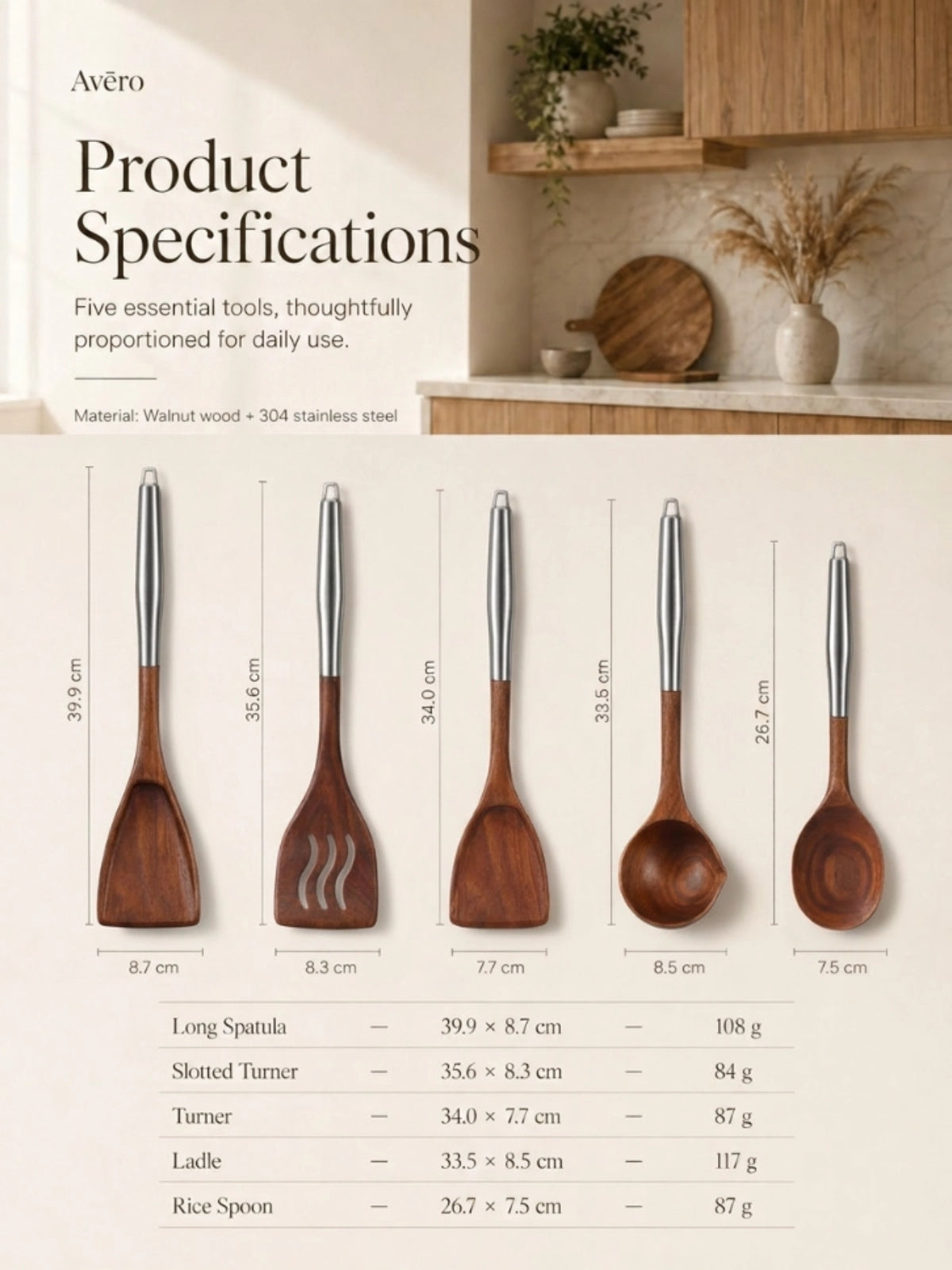Walnut and stainless steel kitchen utensils set