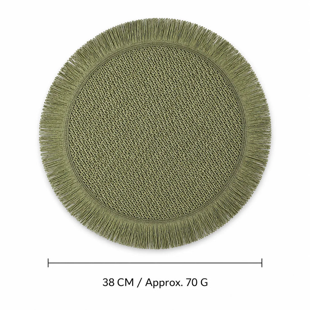 Round Woven Paper Placemat with Fringed Edge – Camel, Beige, Green