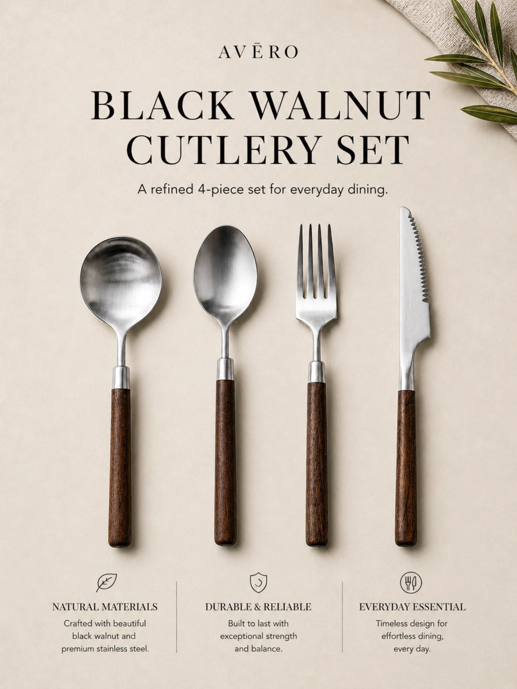 Black walnut handle cutlery set with brushed stainless steel