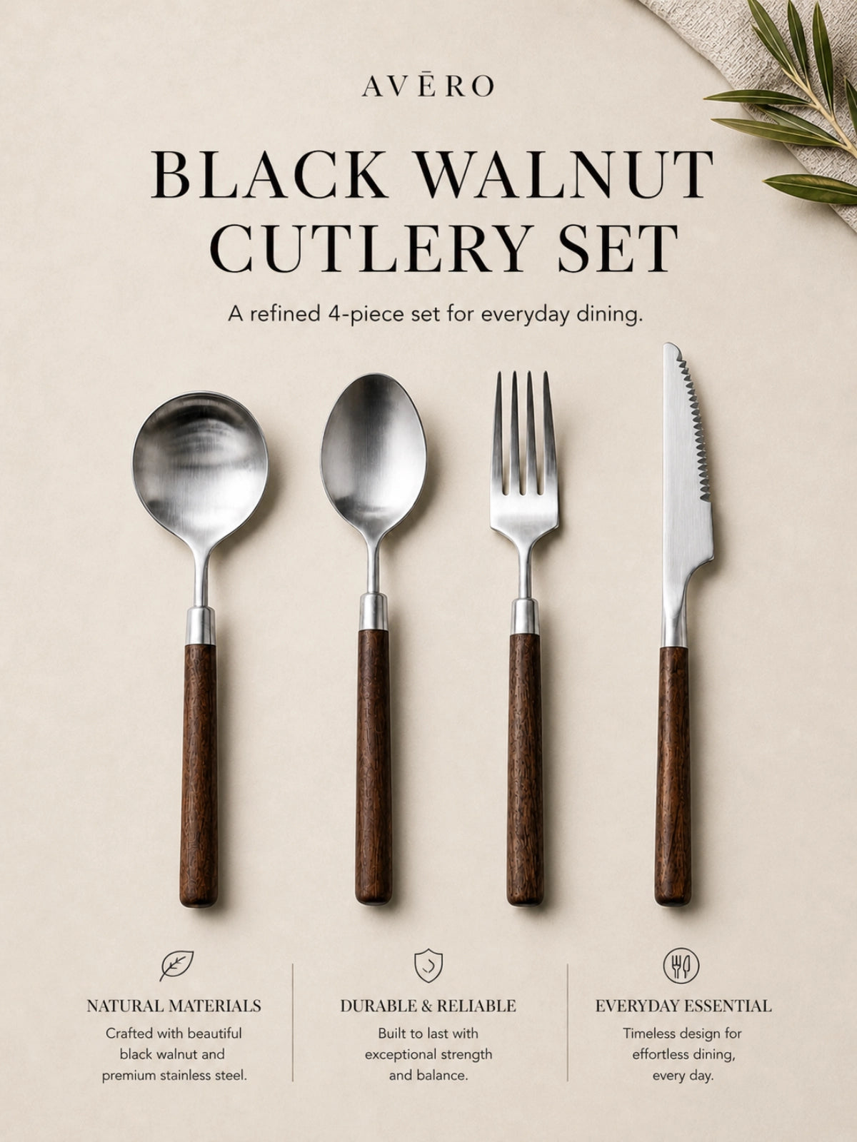 Black walnut handle cutlery set with brushed stainless steel