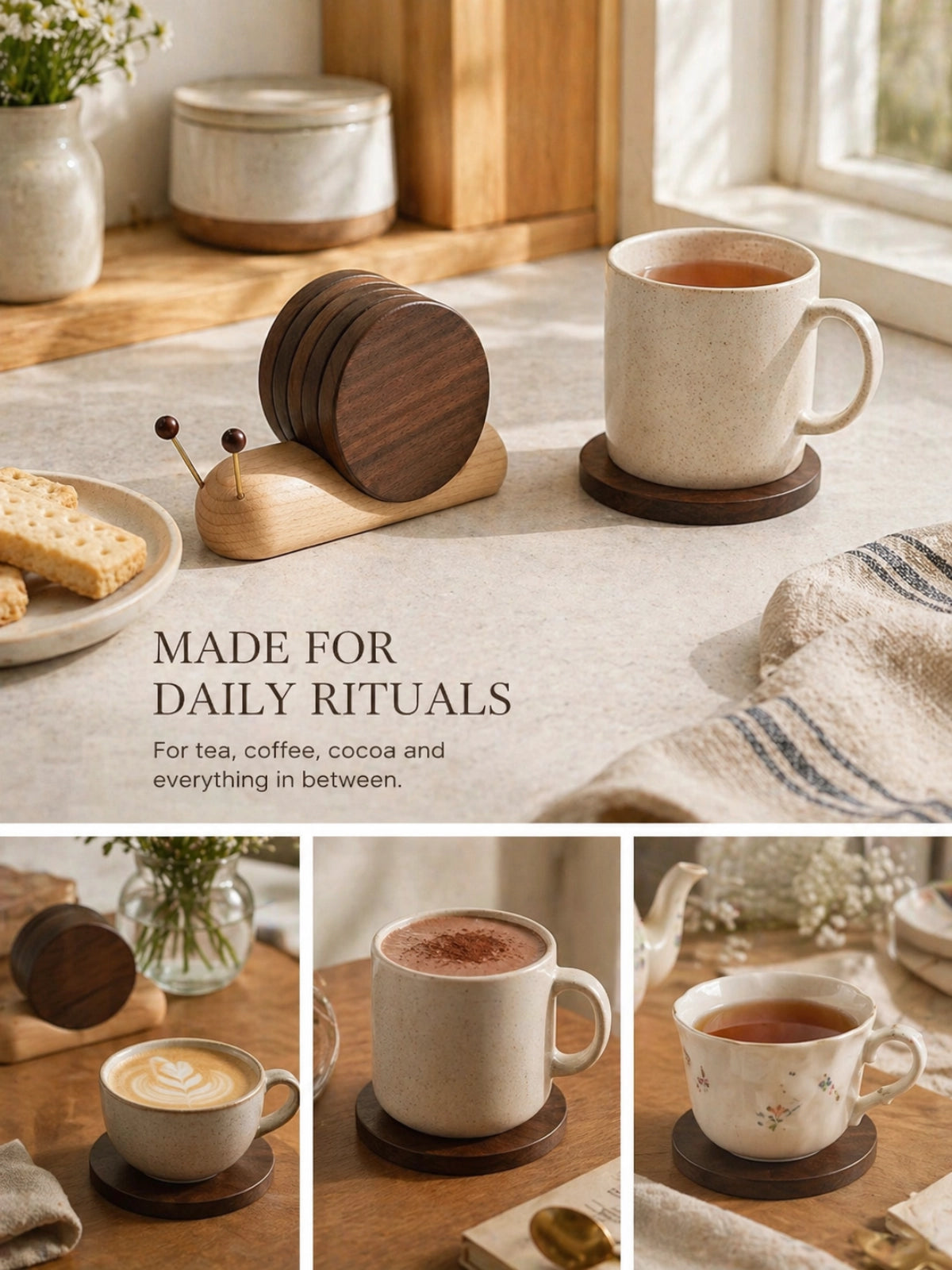Magnetic walnut wood coaster set in snail holder