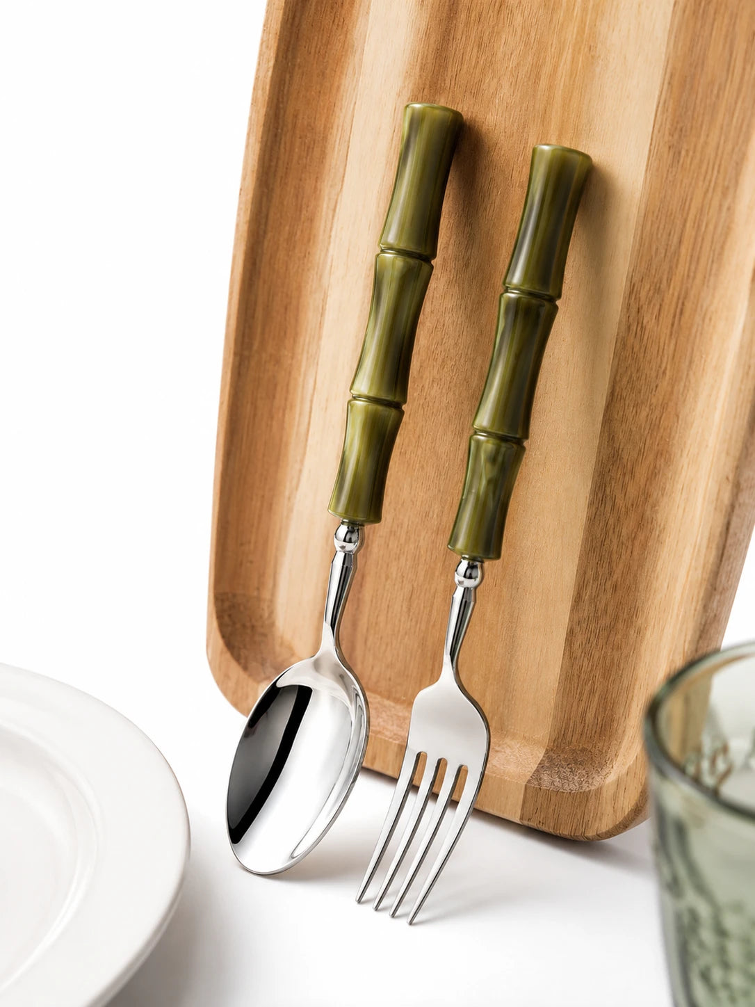 Olive Acrylic Bamboo-Shape Cutlery Set — 6 Piece
