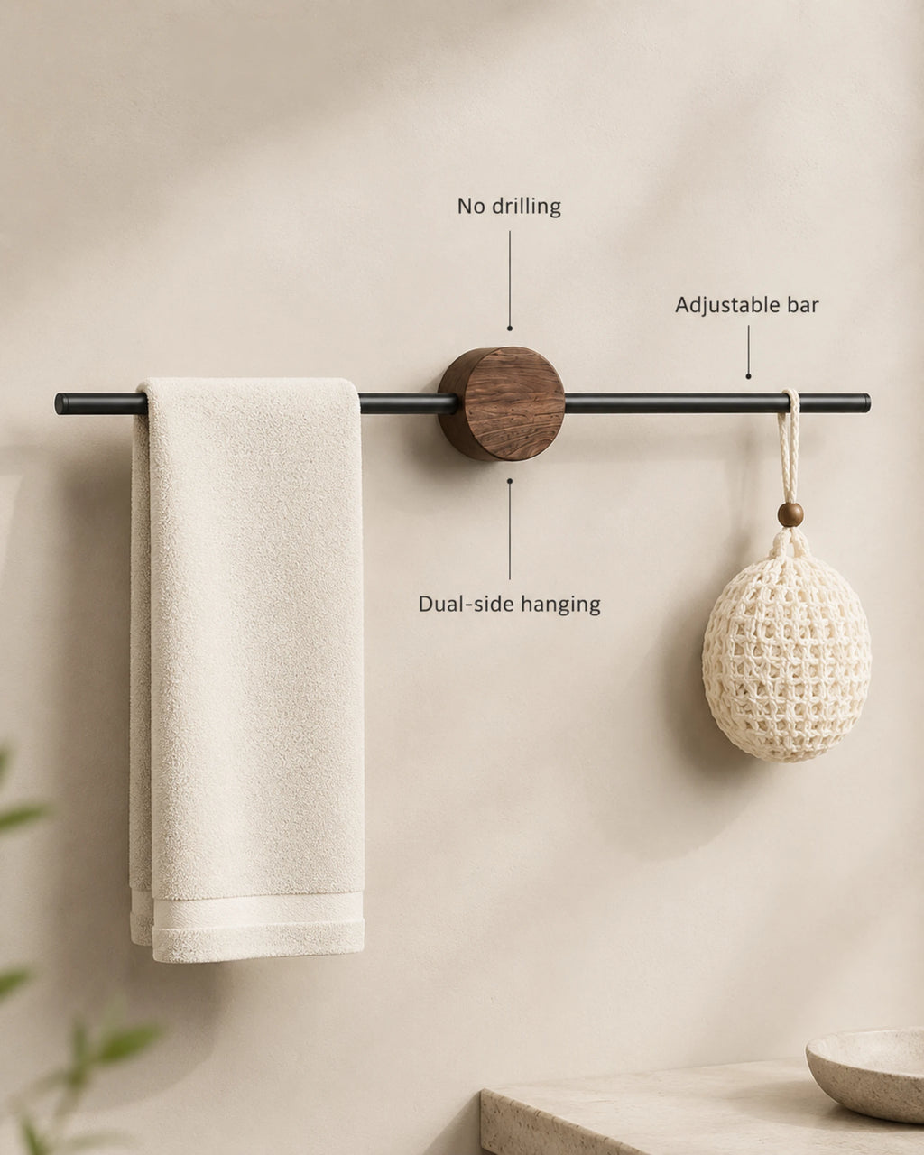 Adjustable walnut towel bar with black wall mount