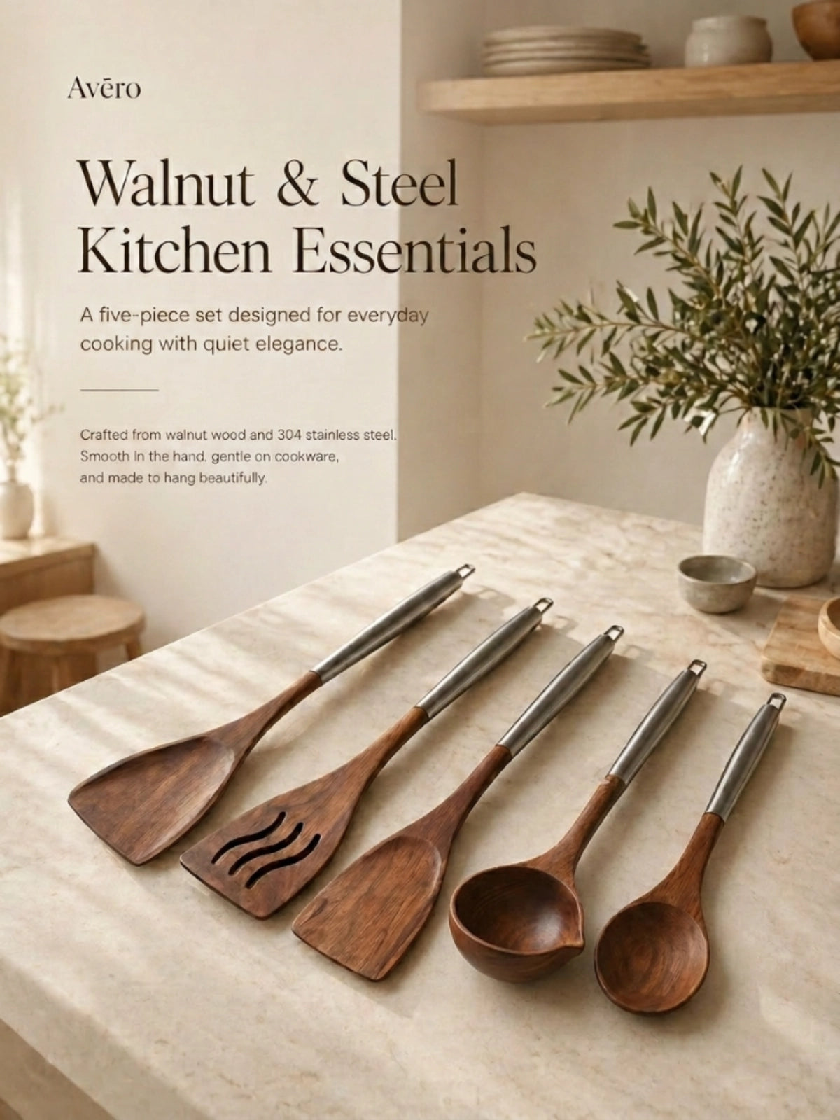 Walnut and stainless steel kitchen utensils set