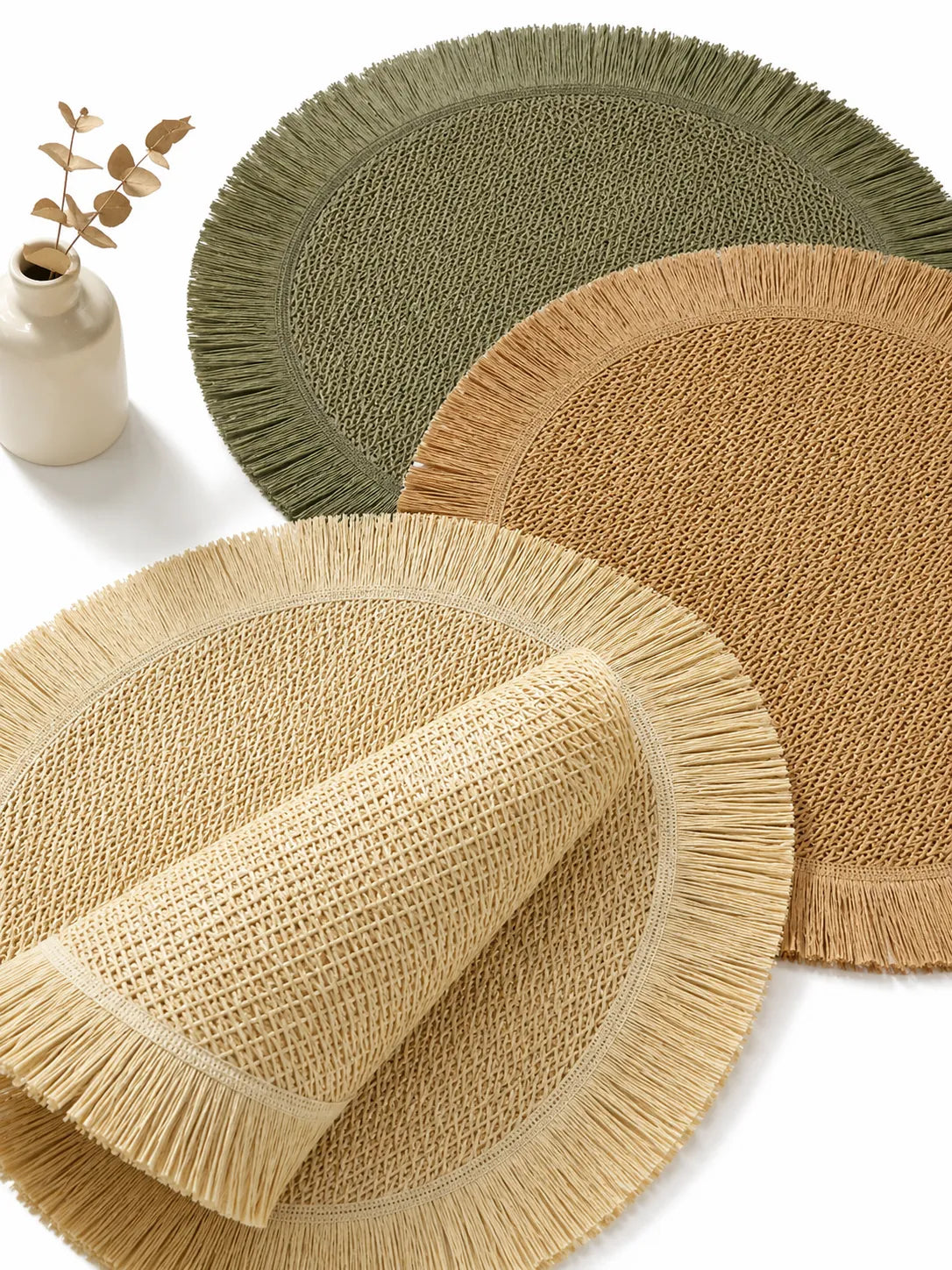 Round Woven Paper Placemat with Fringed Edge – Camel, Beige, Green