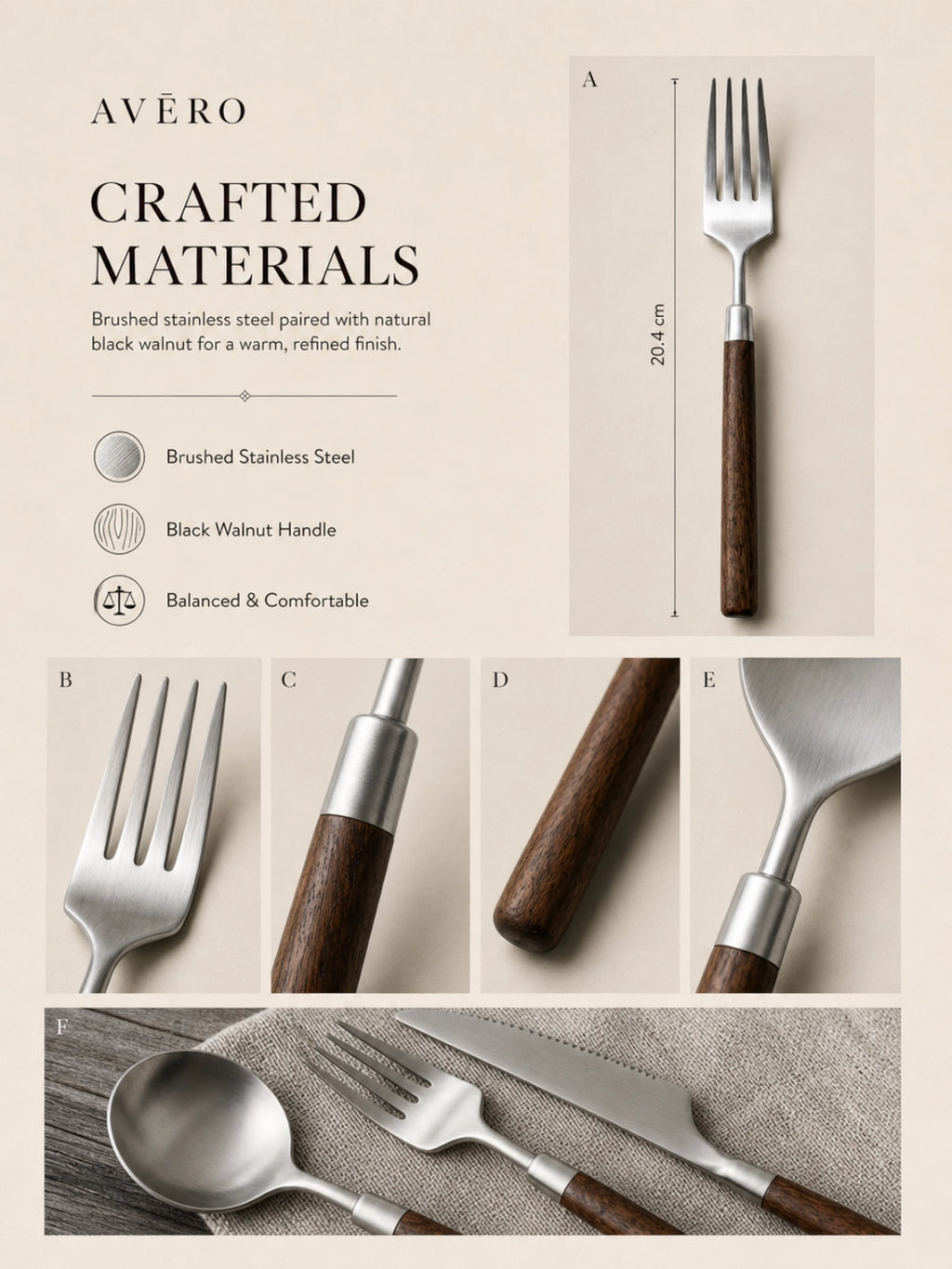 Black walnut handle cutlery set with brushed stainless steel