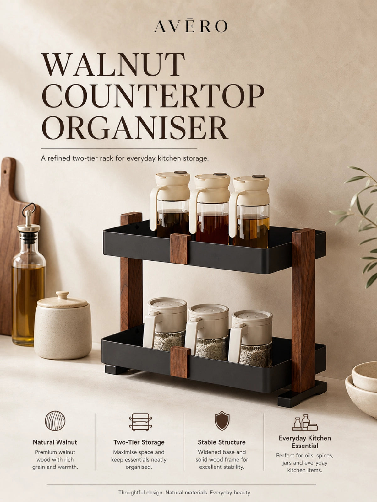 Two-tier walnut countertop organizer with black metal trays