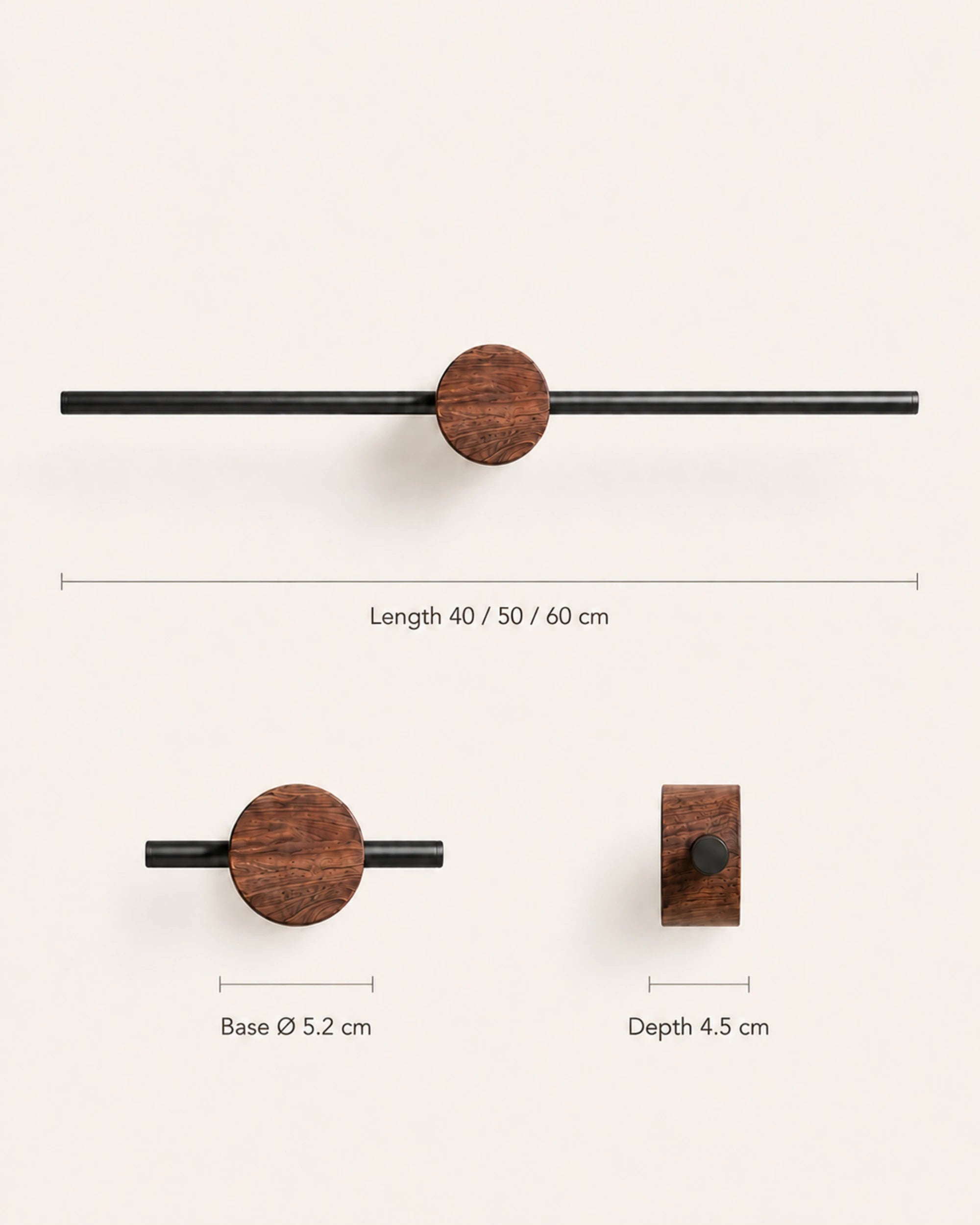 Adjustable walnut towel bar with black wall mount
