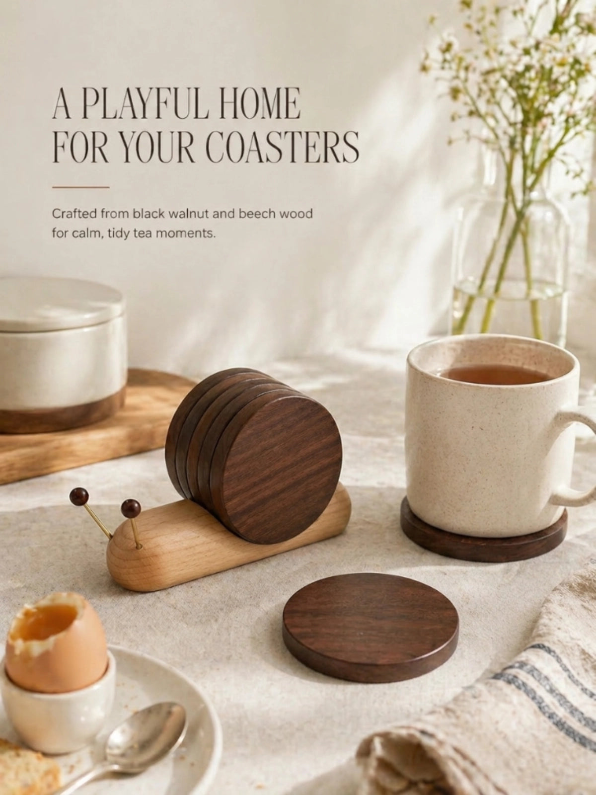Magnetic walnut wood coaster set in snail holder