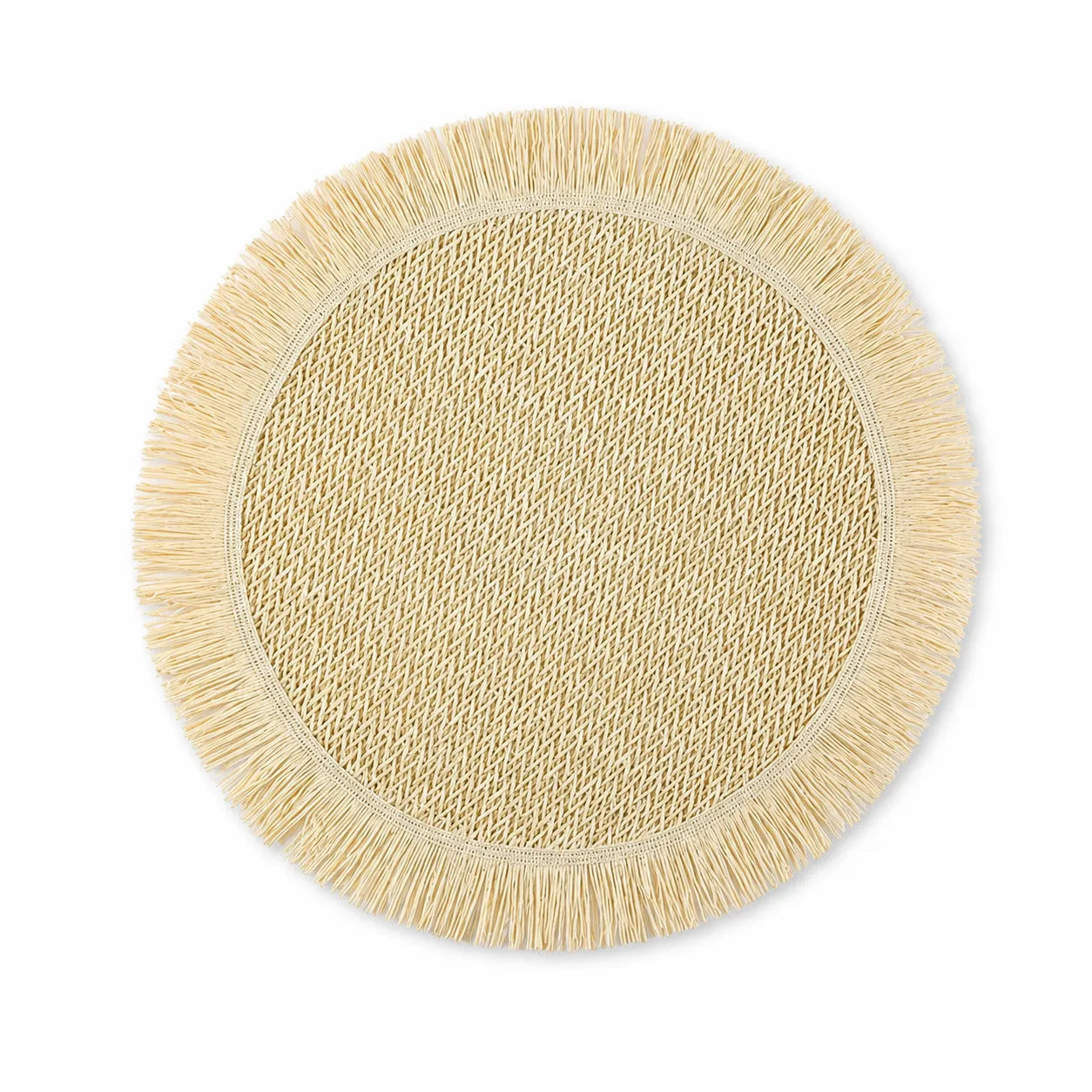 Round Woven Paper Placemat with Fringed Edge – Camel, Beige, Green