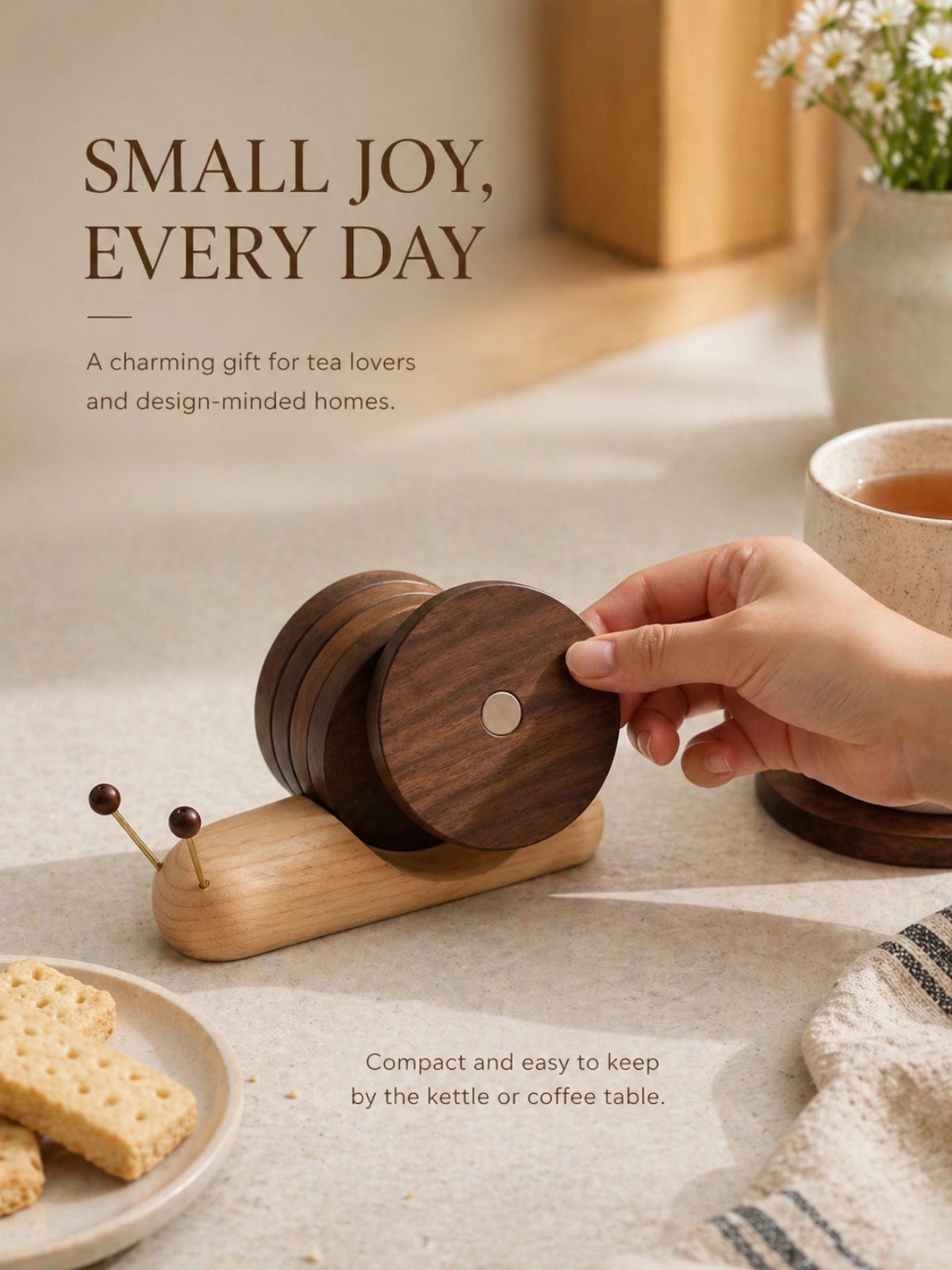 Magnetic walnut wood coaster set in snail holder