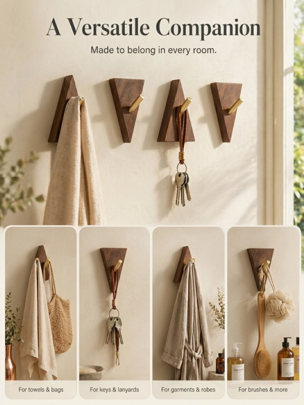 Geometric walnut and brass wall hooks four piece set