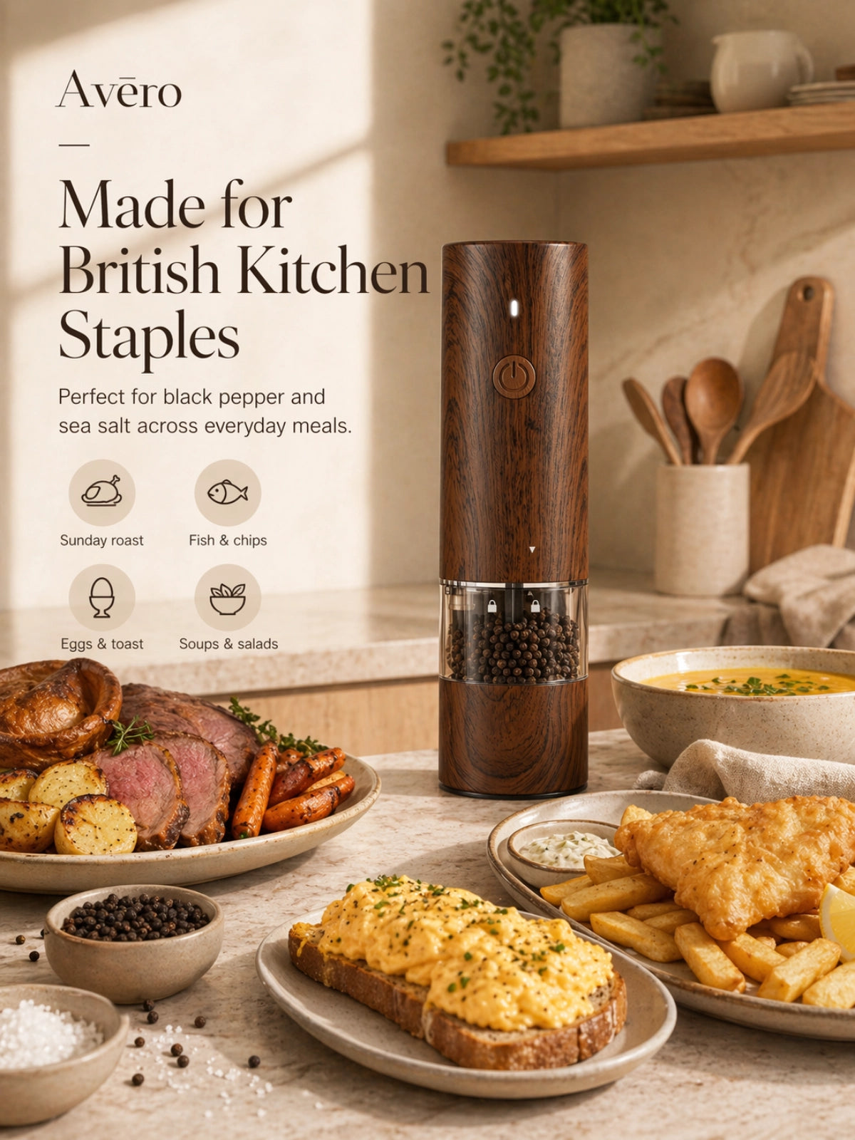 Rechargeable electric salt and pepper grinder with LED light
