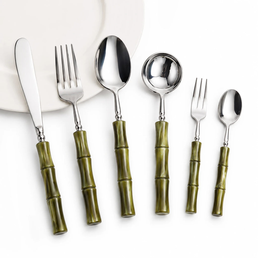 Olive Acrylic Bamboo-Shape Cutlery Set — 6 Piece