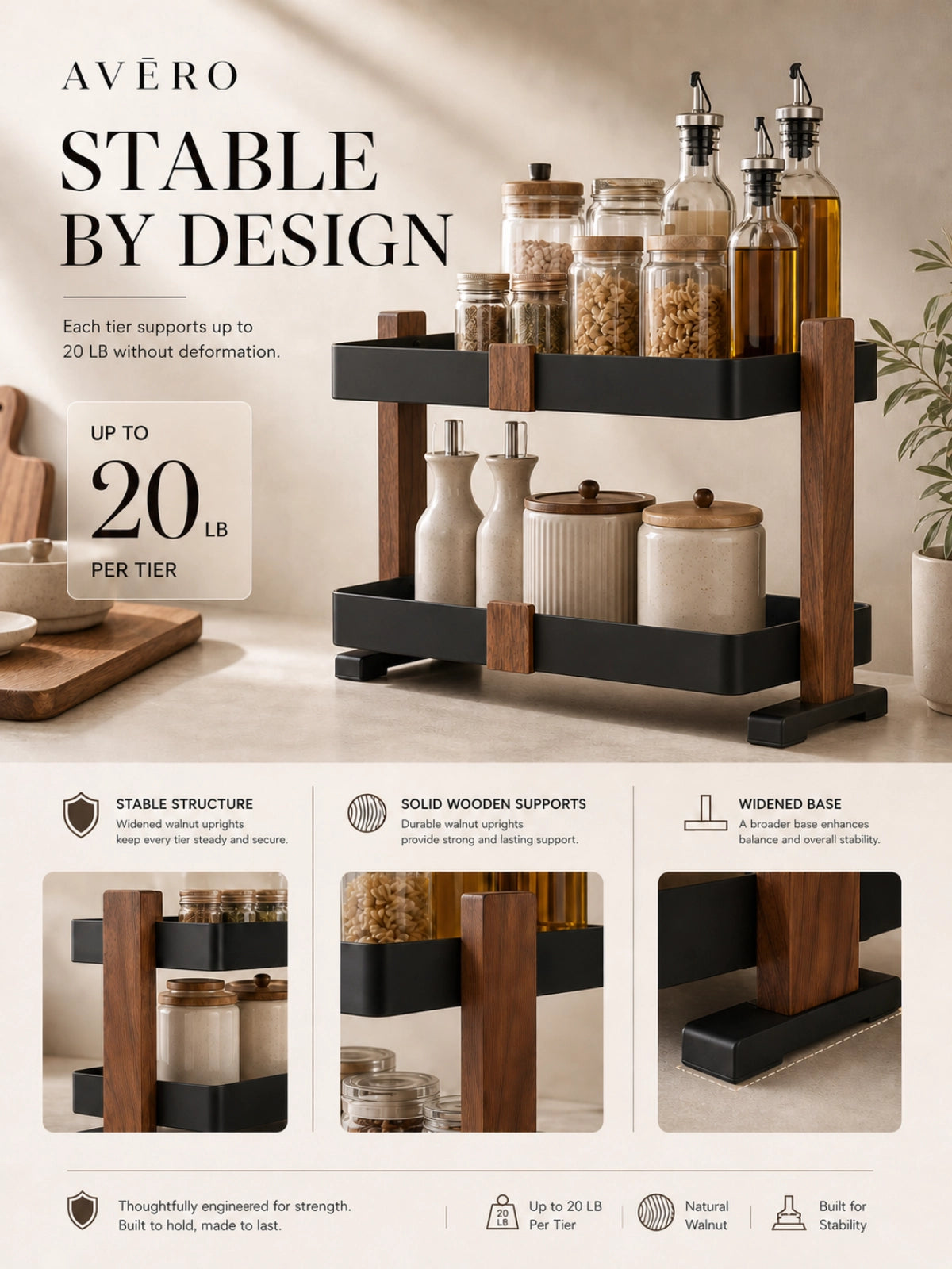 Two-tier walnut countertop organizer with black metal trays