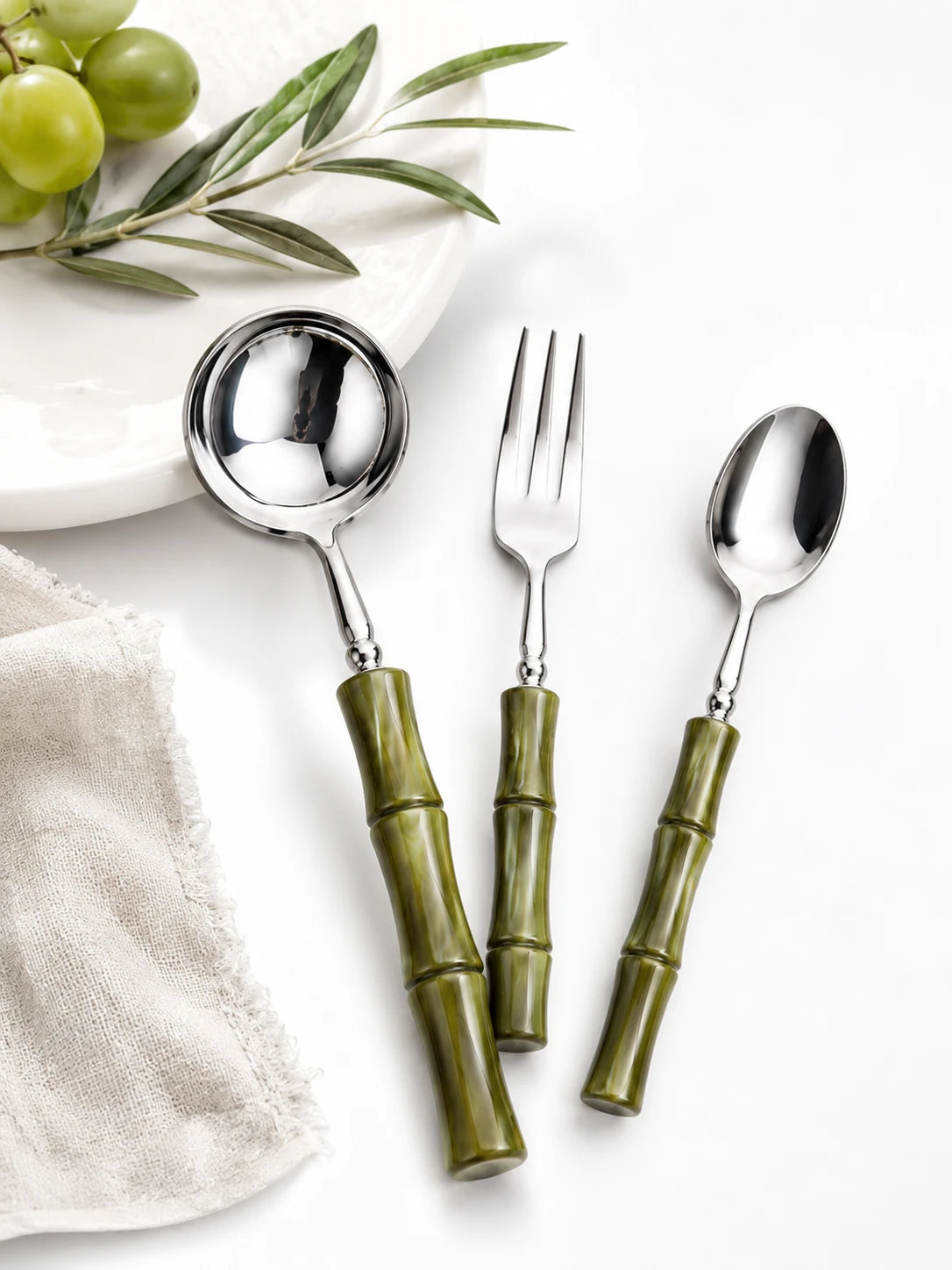 Olive Acrylic Bamboo-Shape Cutlery Set — 6 Piece