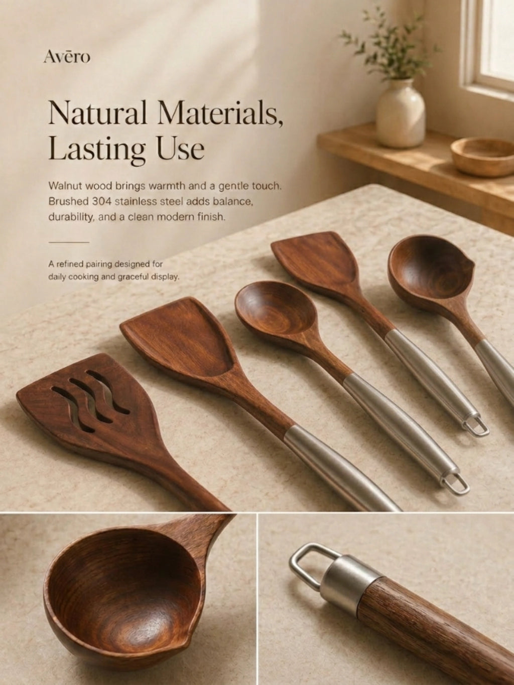 Walnut and stainless steel kitchen utensils set