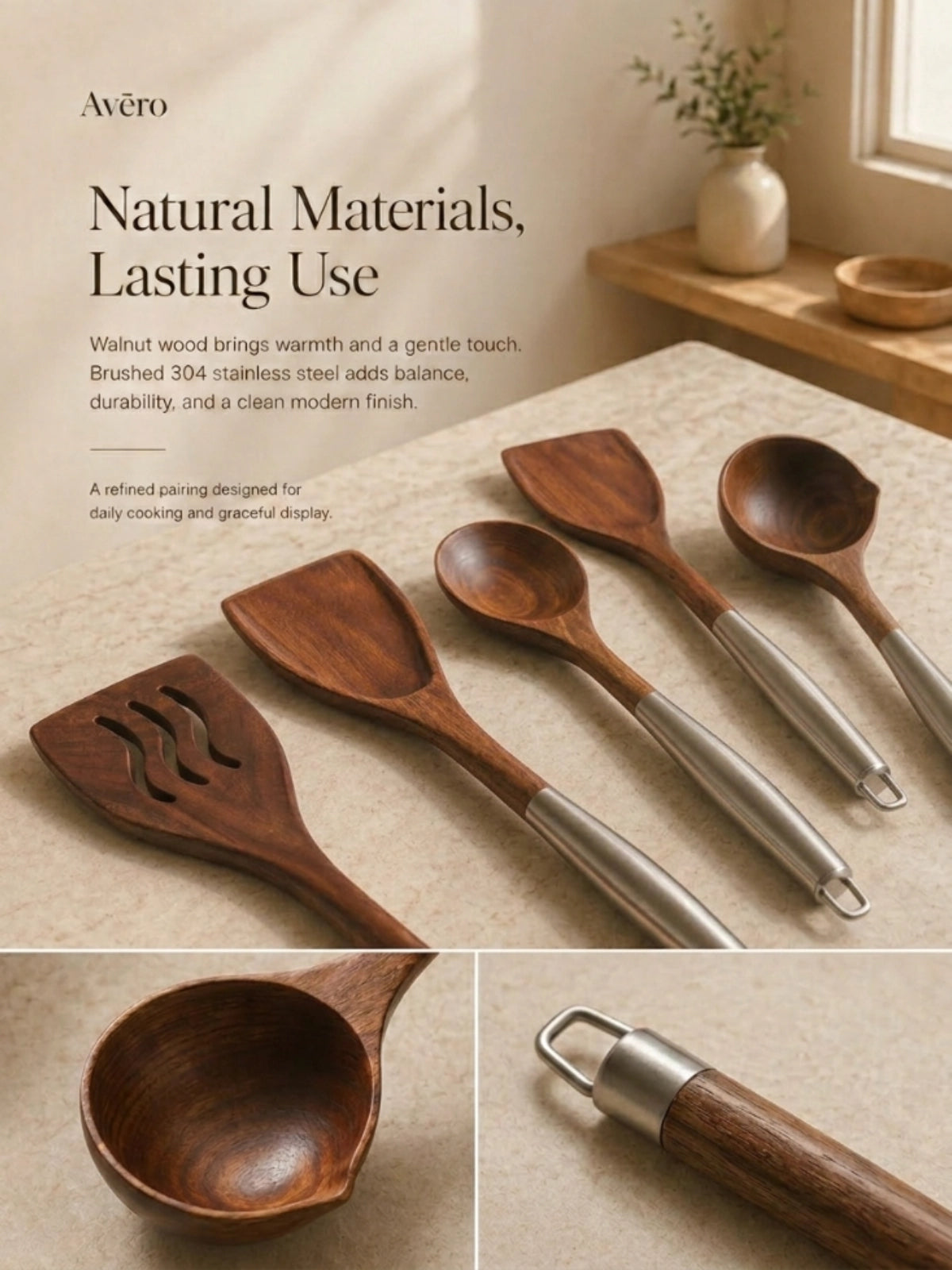 Walnut and stainless steel kitchen utensils set