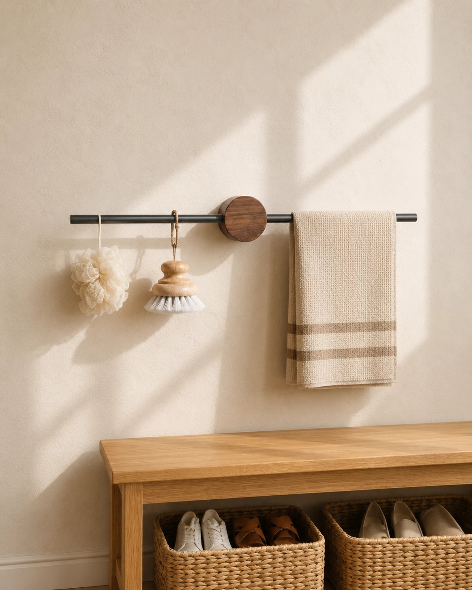 Adjustable walnut towel bar with black wall mount