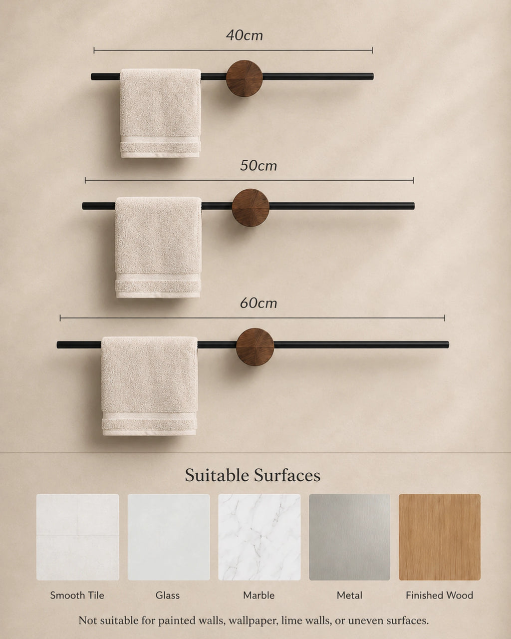 Adjustable walnut towel bar with black wall mount