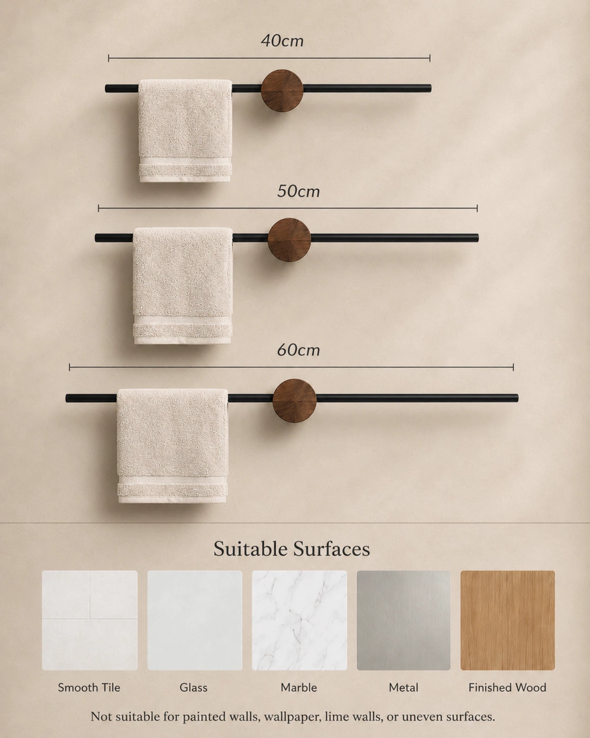 Adjustable walnut towel bar with black wall mount