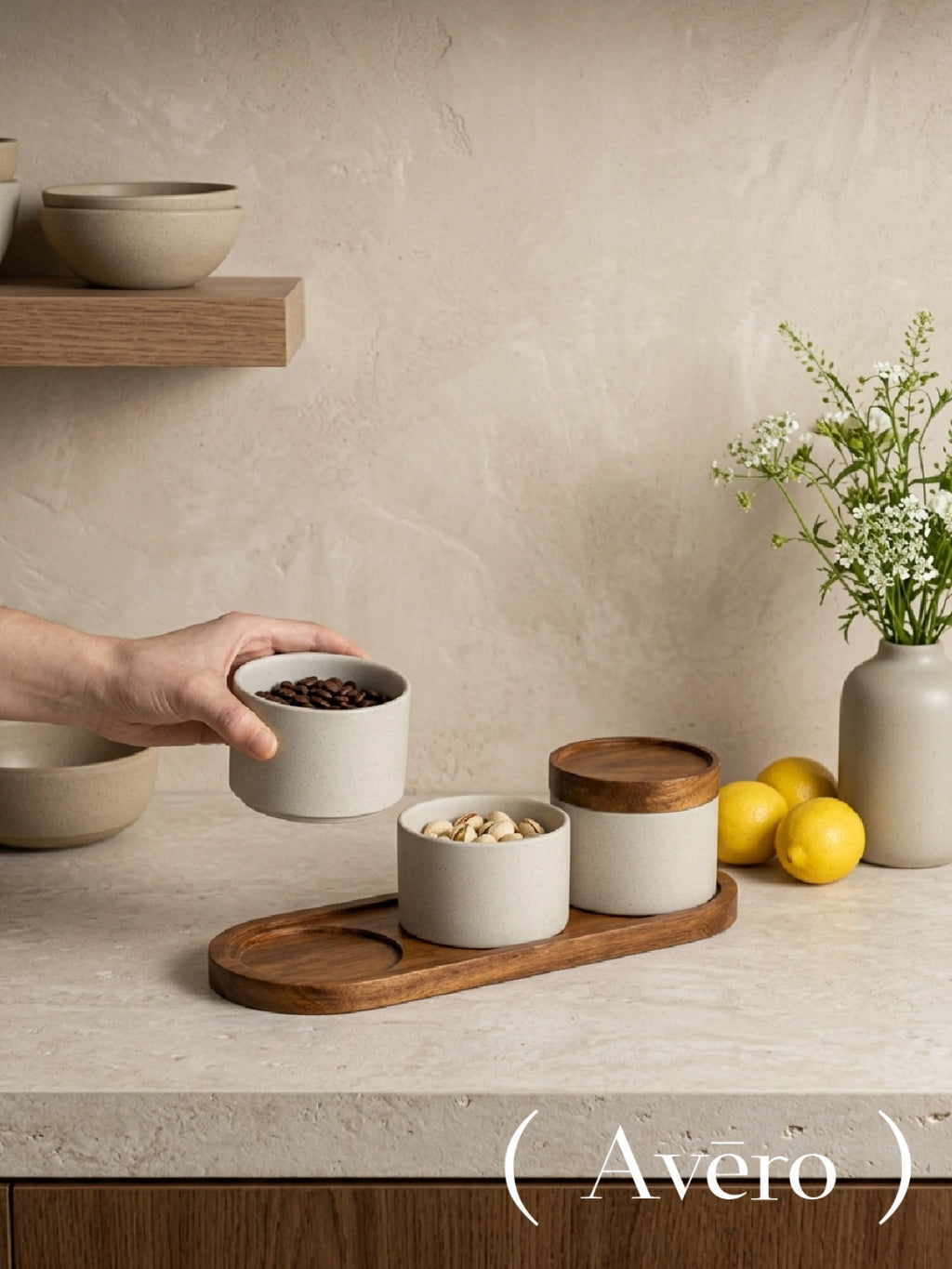 Ceramic condiment jar set with matching tray